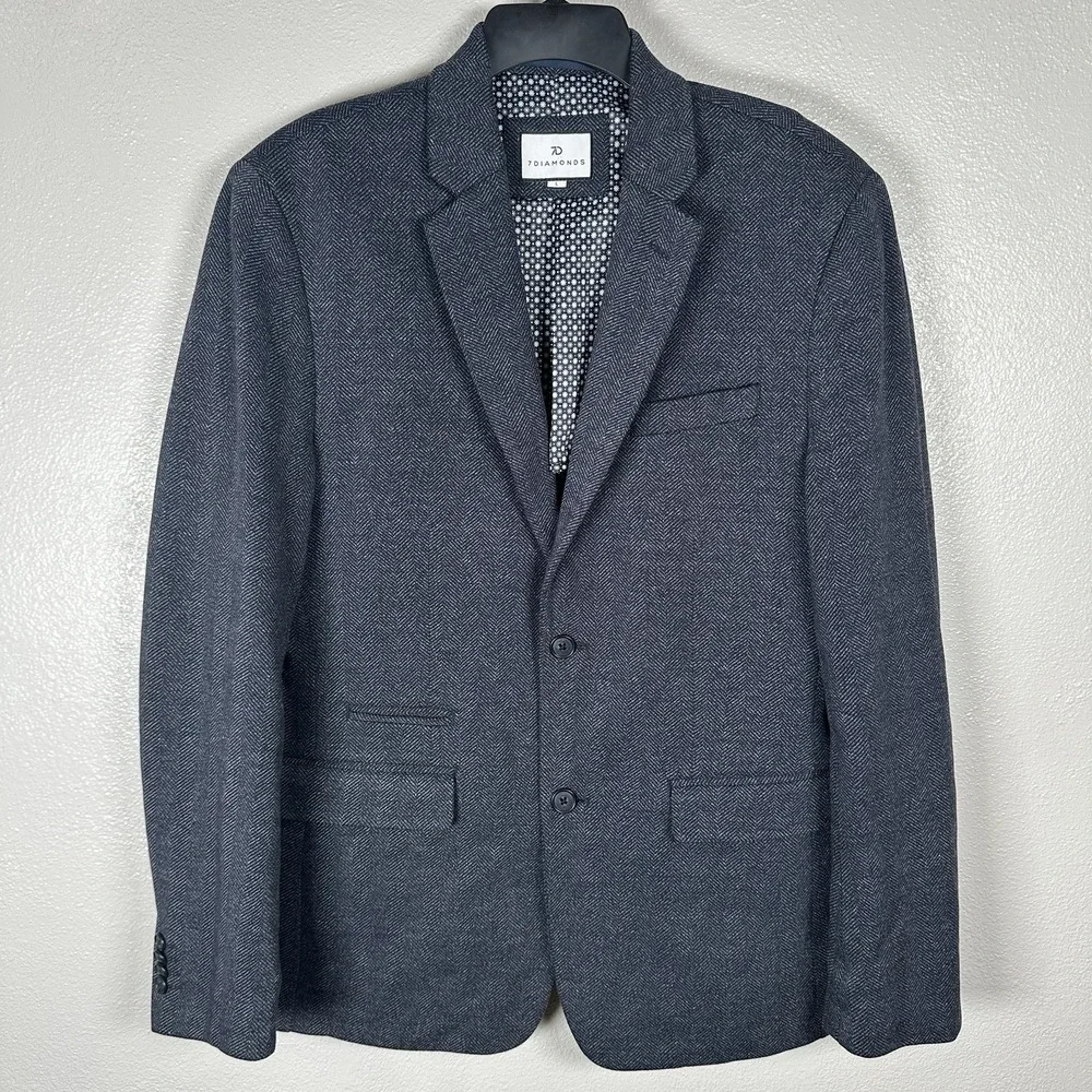 7 Diamonds Benjamin Comfort Stretch Blazer Sz Large Blue Herringbone Sport Coat